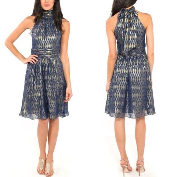 NWOT Halston Heritage Scarf Neck Short Dress Saphire Blue Gold Diamond Scarf Nec - Picture 1 of 10